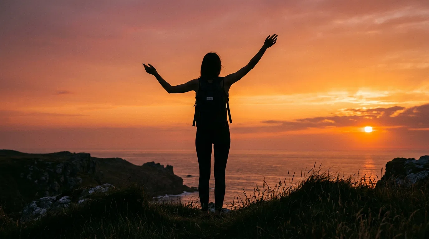 Silhouet persoon bij zonsondergang - symbool voor actieve levensstijl en welzijn